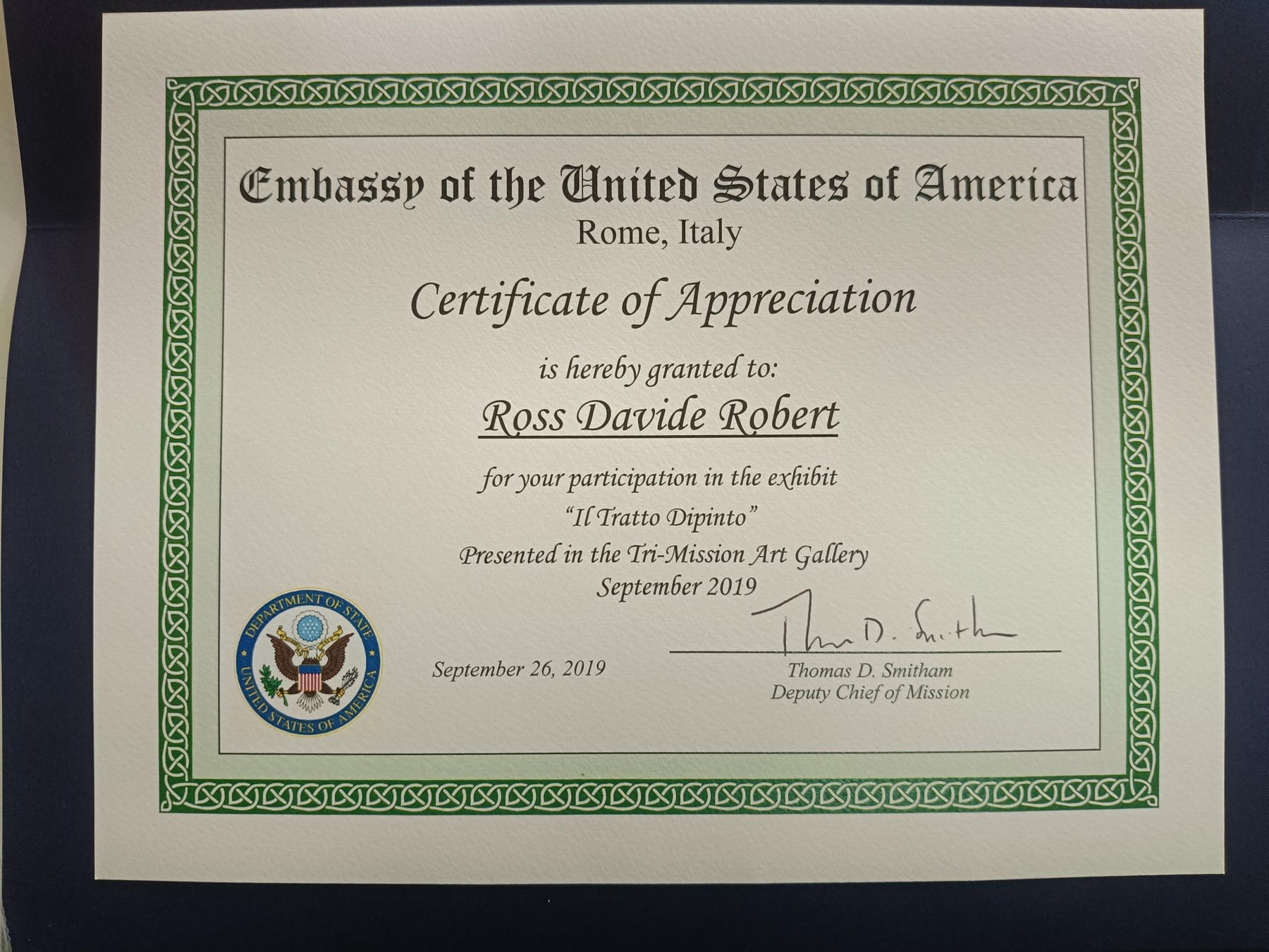 Certificate of Appreciation dell'Ambasciata degli Stati Uniti d'America a Roma