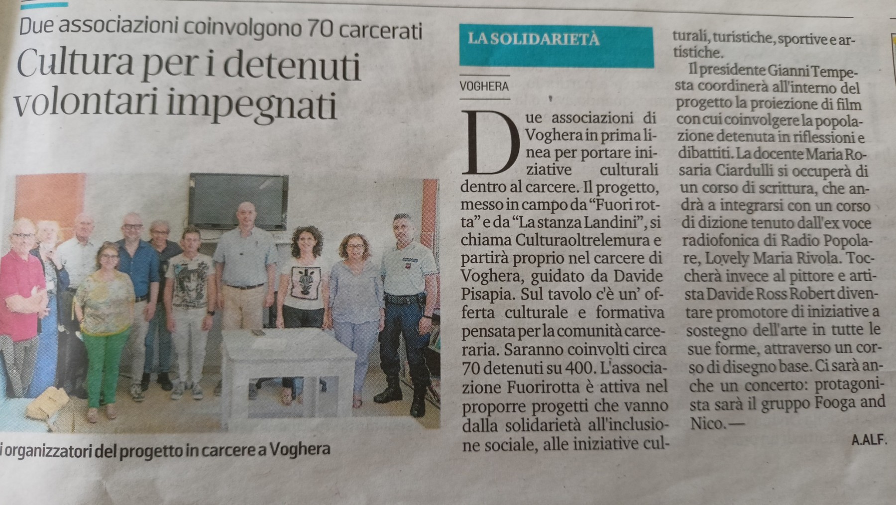 Articolo di stampa sul progetto culturale nella Casa Circondariale di Voghera